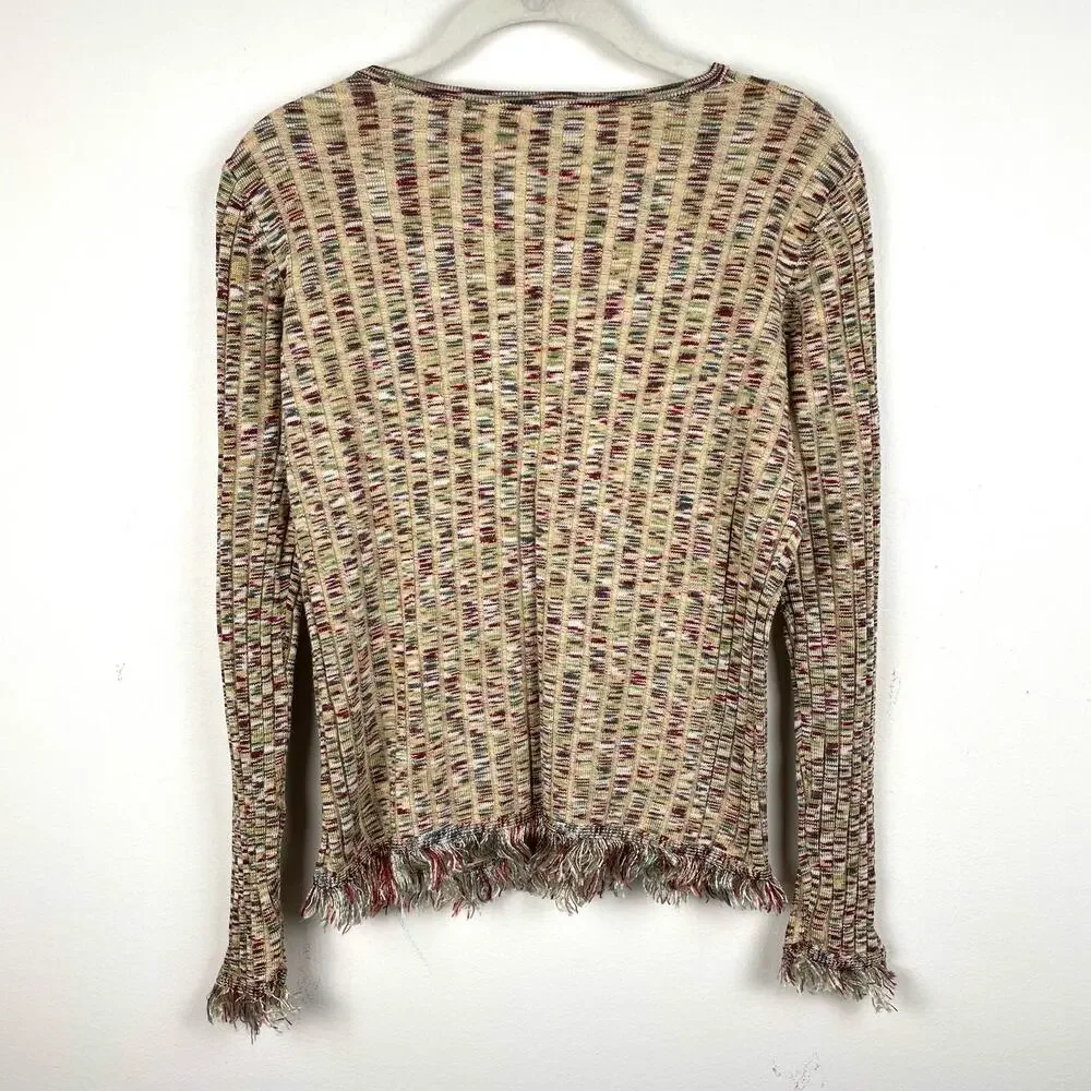 y2k Ribbed Knit Fringe Trim Sweater Womens M Multicolor Fitted Indie Sleaze